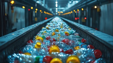 Conveyor belt filled with plastic waste in a recycling facility, showcasing industrial processes