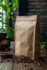 Blank labeled Coffee Packaging: Sustainable kraft paper coffee bag, pouch. Freshness container. Barista. Brand. Coffee. Product packaging design.