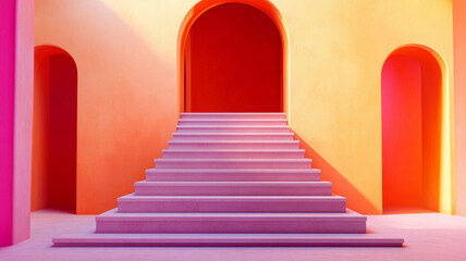 vibrant staircase in cultural center with colorful arches and walls. warm hues of orange and pink create inviting atmosphere, perfect for artistic expression and gatherings