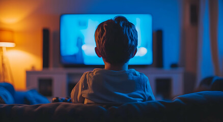 Child Watching Television in Living Room with Soft Ambient Light