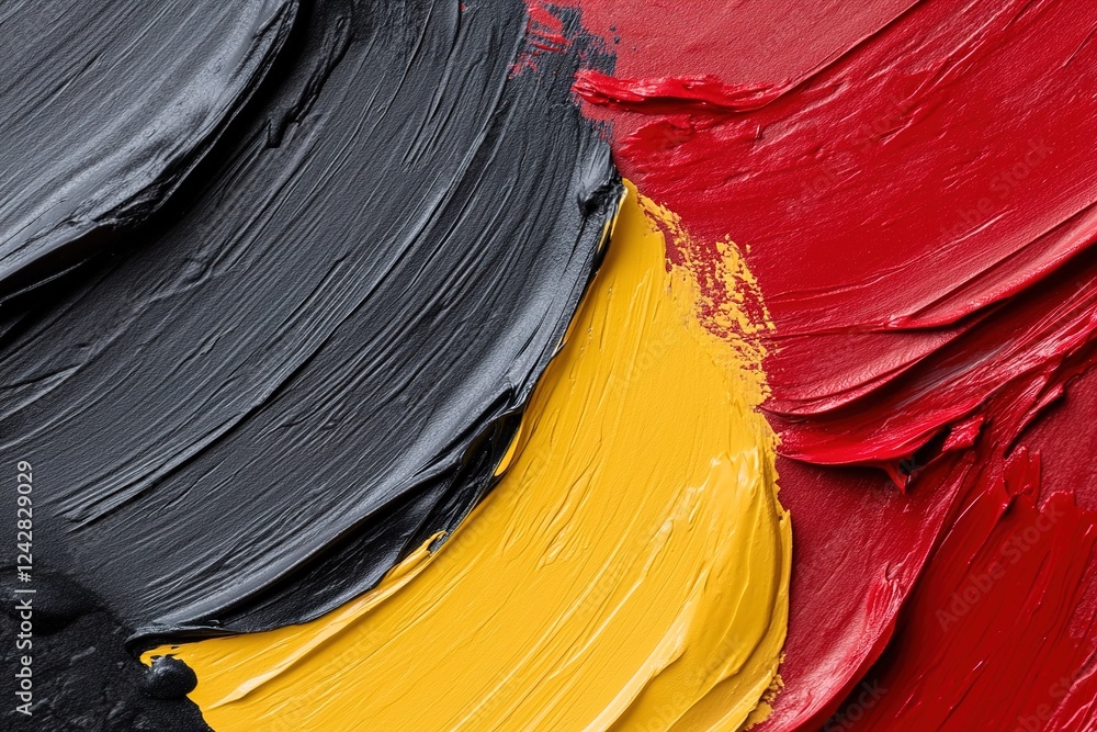 Poster dynamic brushstroke patterns in red, yellow, and black layer across the design, leaving an open spac