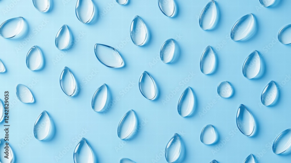 Poster clear water droplets scattered on a light blue background create a refreshing and serene composition