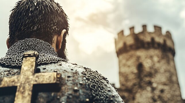 Medieval knight gazing at castle tower, contemplating; historical background; ideal for history books, films