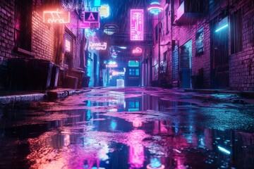 Narrow urban alley illuminated by colorful neon signs, with rain-soaked streets reflecting the vibrant lights