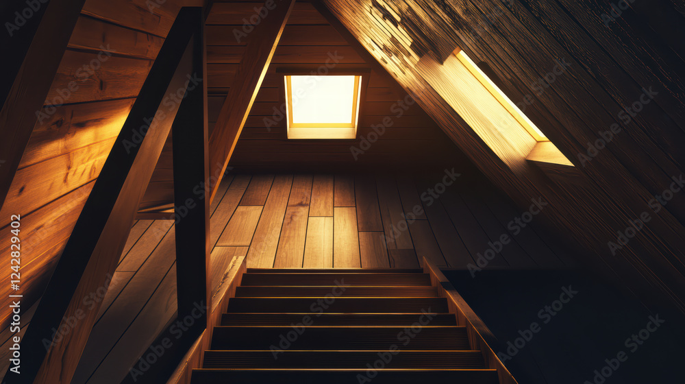 Aufkleber cozy attic space with warm lighting and wooden stairs leading up. inviting atmosphere is enhanced by