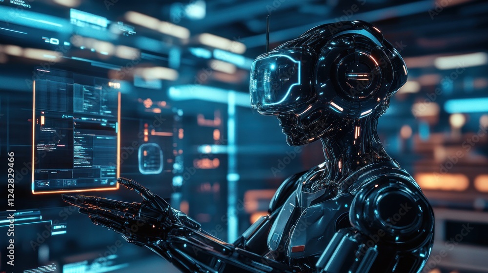 Poster Advanced Robot Interacts With Futuristic Digital Interface
