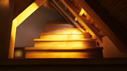 Cozy attic stairs illuminated by warm lighting, inviting and serene atmosphere. wooden steps lead to charming space, perfect for relaxation and creativity