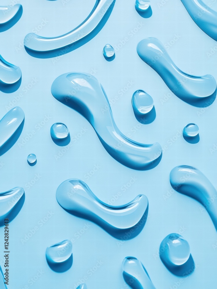 Poster colorful droplets of water creating interesting patterns on a light blue surface in natural light. g