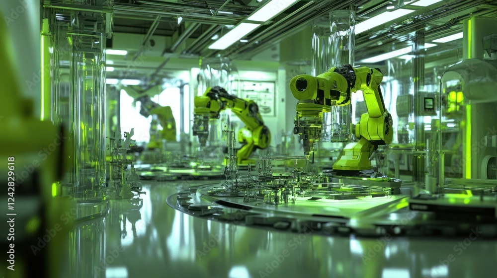 Poster Automated robotic assembly line in futuristic factory setting