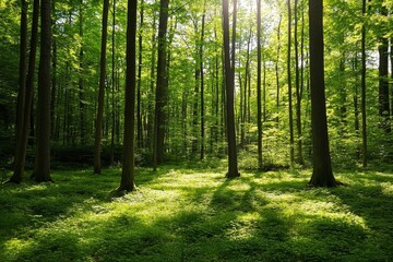 Fototapeta premium Sunlight filtering through tall trees in a vibrant green forest, illuminating the lush undergrowth