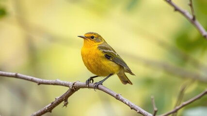 Fototapeta premium Vibrant yellow prothonotary warbler perched on a tree branch in a lush green forest setting, songbird, bird