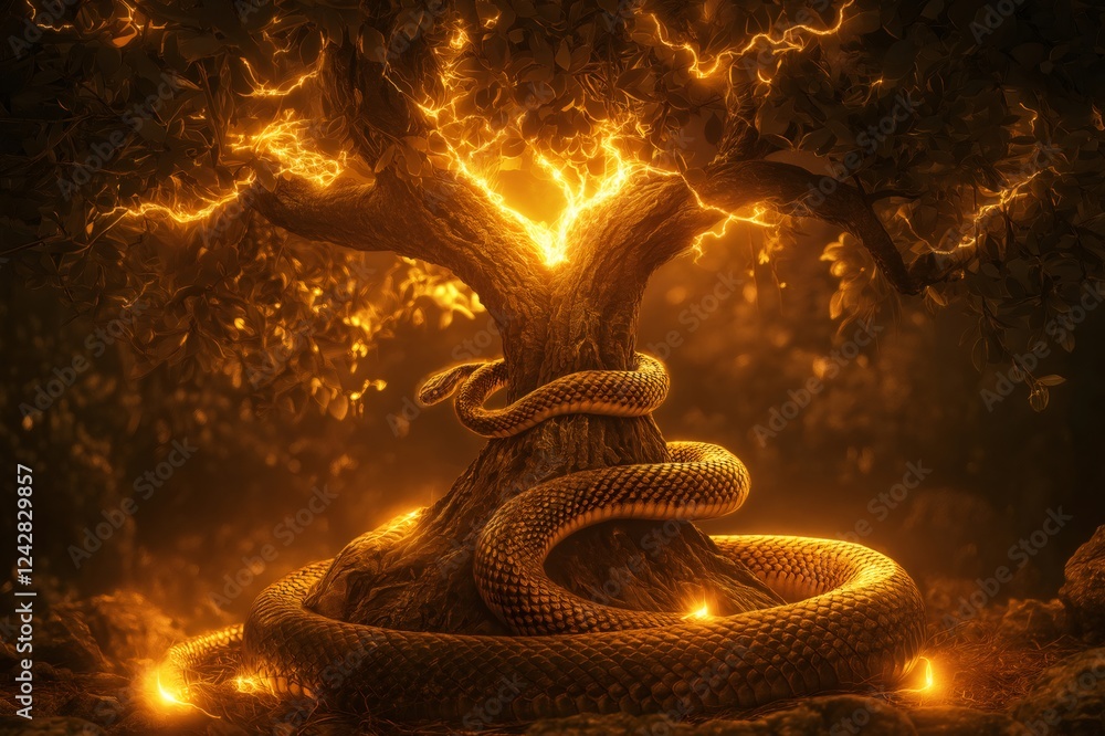 Poster glowing golden snake wrapped around a mystical tree of life, creating a captivating scene of fantasy
