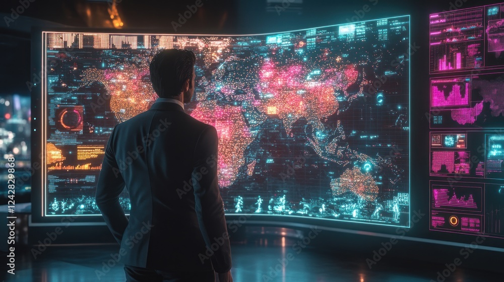 Poster Man in Suit Views Global Data on Interactive Screen