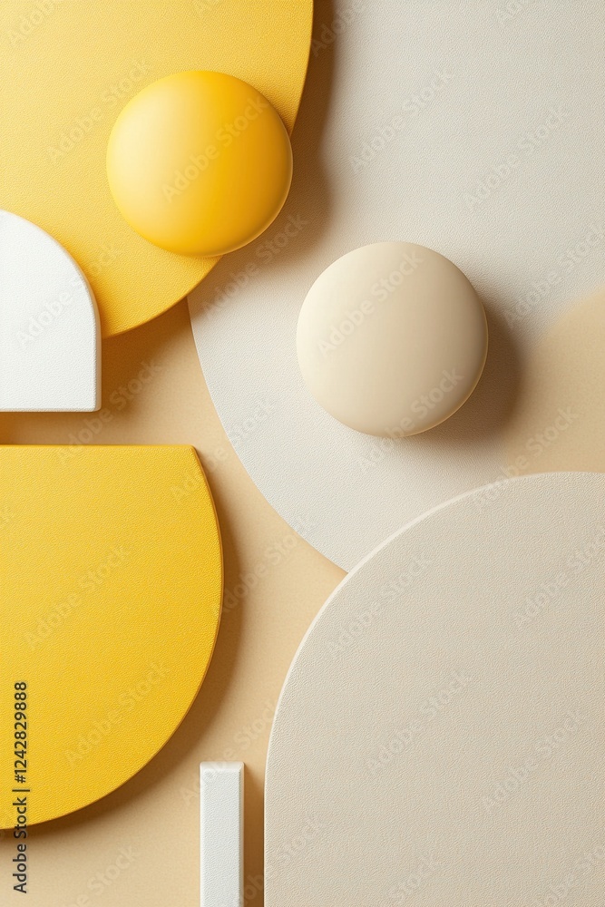 Poster dynamic design showcases large abstract shapes in various shades of yellow, providing a modern aesth