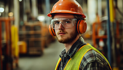 Young Male Worker in Safety Gear in Warehouse Environment