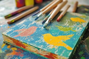 Fototapeta premium Colorful Painted Book With Birds And Paintbrushes