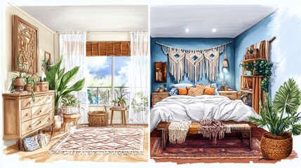 Bohemian Bedroom Interior Design Concepts Two Styles, Watercolor Renderings