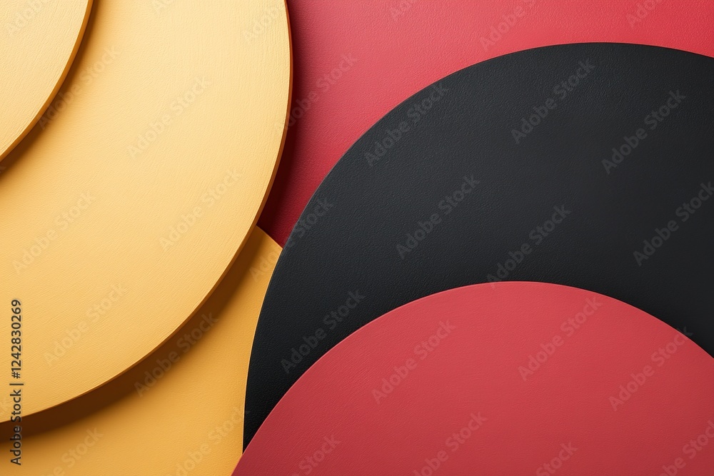 Poster large geometric shapes in red, yellow, and black create a striking modern design with ample negative