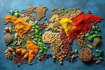 Colorful spice map depicting global regions using vibrant spices and herbs in an artistic arrangement on a textured background