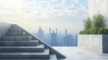 Stairs leading to rooftop terrace with city views, featuring modern architecture and greenery. serene atmosphere invites relaxation and enjoyment of skyline