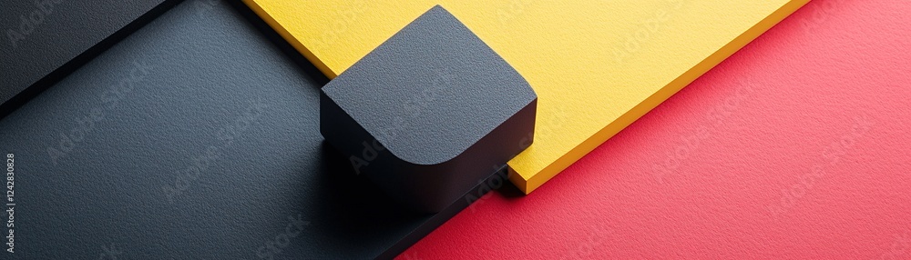 Poster large, overlapping geometric shapes in bold colors of red, yellow, and black create a striking visua