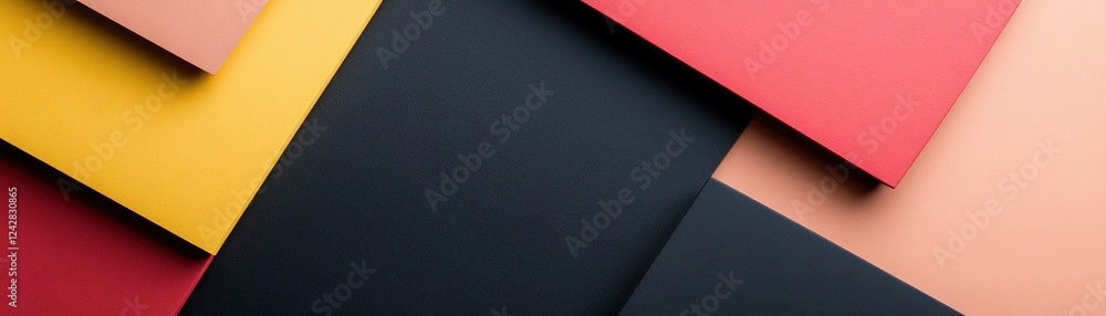 Poster large geometric shapes in red, yellow, and black overlap to form a dynamic and colorful background. 