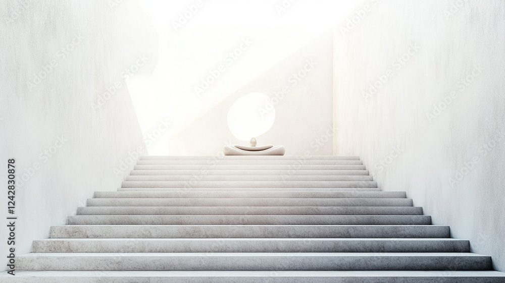 Poster serene meditation space with stairs leading to minimalist design, featuring soft lighting and calmin