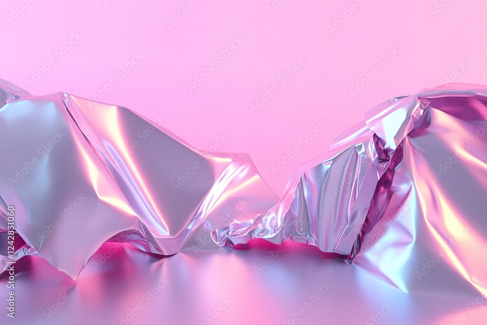 Poster metallic shapes with sharp edges are layered to create a visually intriguing surface, illuminated by