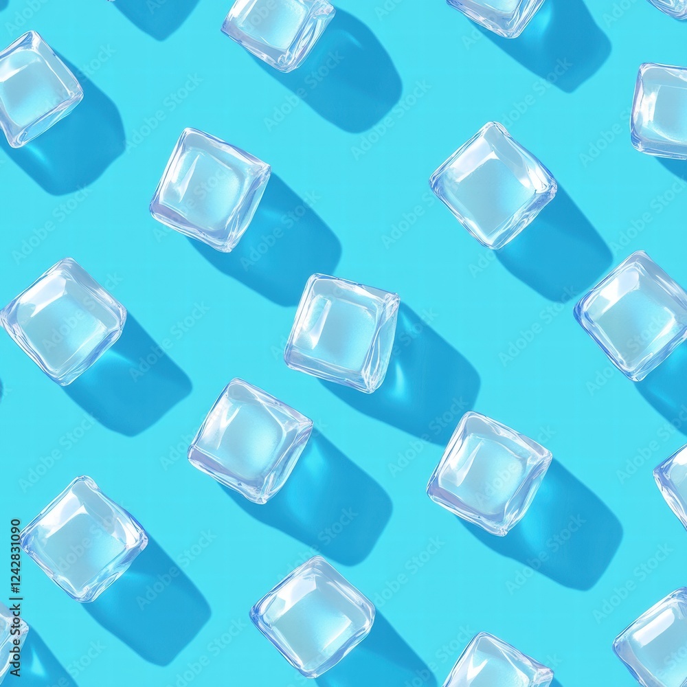 Poster clear ice cubes arranged in a playful pattern on a bright blue background during sunny daylight. gen