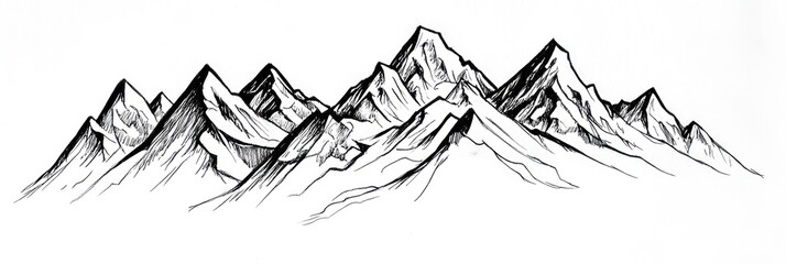 Ink Drawing of Majestic Mountain Range Peaks