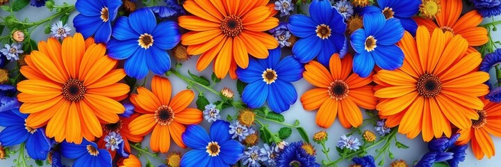 Fototapeta premium Vibrant orange and blue flowers arranged in a intricate floral pattern with delicate green leaves and stems creating a visually appealing design, home decor, nature lover, interior design