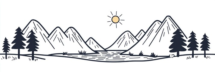 Sunny Mountain Lake Scene with Pine Trees