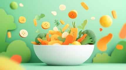 Vegetable soup. A bowl of soup with floating paper-cut vegetables: carrots, broccoli, potatoes. Healthy eating. Healthy food background with Paper cut out effect. Vegetarian food illustration