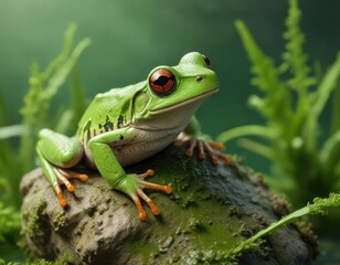 Naklejka premium Vibrant green background with Italian tree frog on algae, vibrant, froglet, camouflaged, lively colors