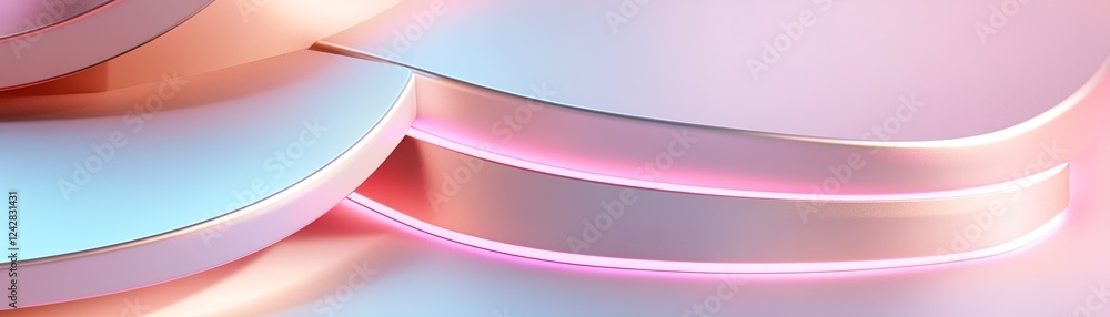 Poster layered metallic forms with sharp edges glow softly with pink neon light, creating a clean and elega