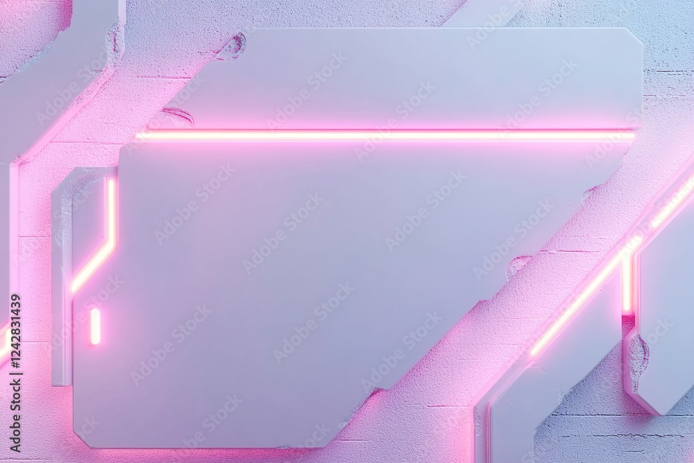 Poster layered metallic structures with sharp edges emit a soft pink glow from beneath, forming an elegant 