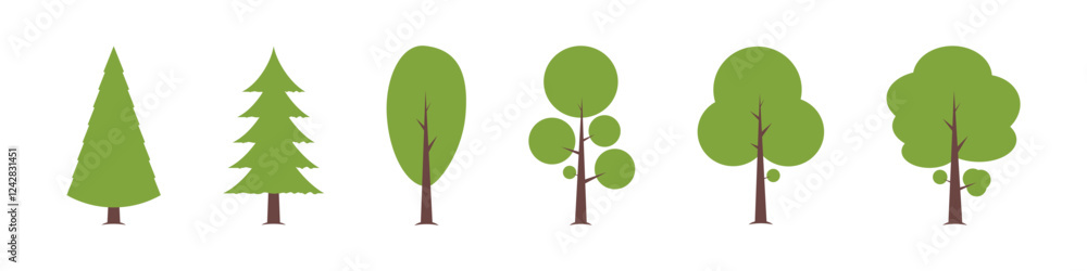 Poster tree set. green trees design for cartoon animation, video, design element. vector illustration on tr