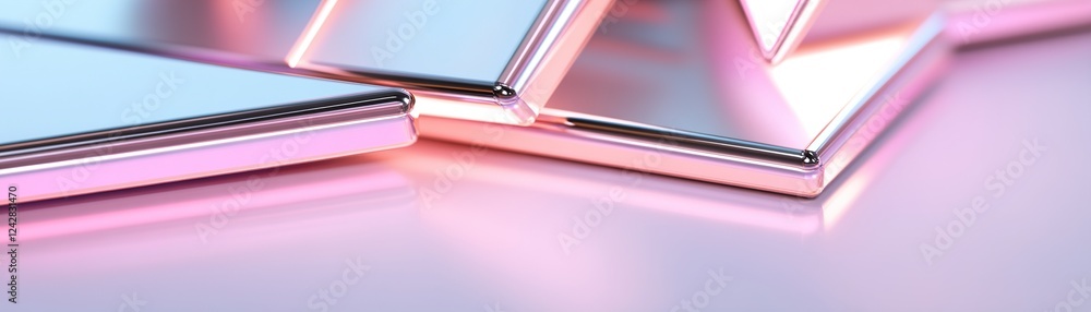 Poster layered metallic shapes with sharp edges are illuminated from below by a soft pink neon glow. this d