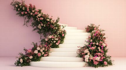 stunning staircase adorned with beautiful floral arrangement featuring various pink and white flowers, creating romantic and elegant atmosphere