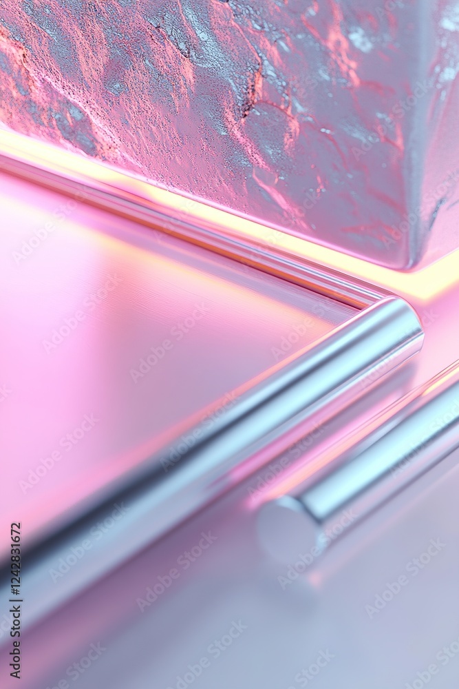 Poster layered metallic structures feature sharp edges illuminated by soft pink neon light from below, prov