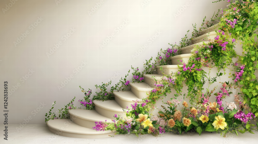Poster beautiful staircase adorned with vibrant floral arrangements and greenery, creating serene and invit