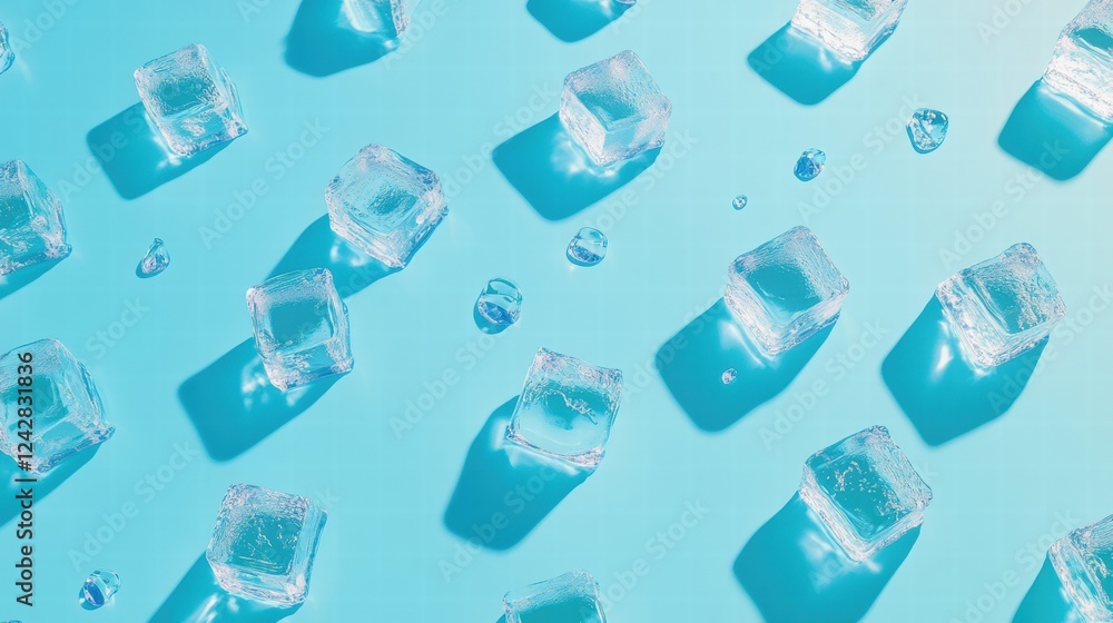 Poster clear ice cubes scattered on a vibrant blue background creating a striking visual contrast. generati