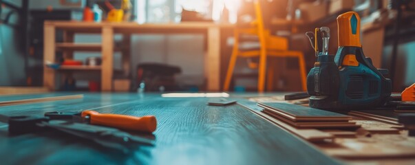 Worker installing laminate flooring in new home.