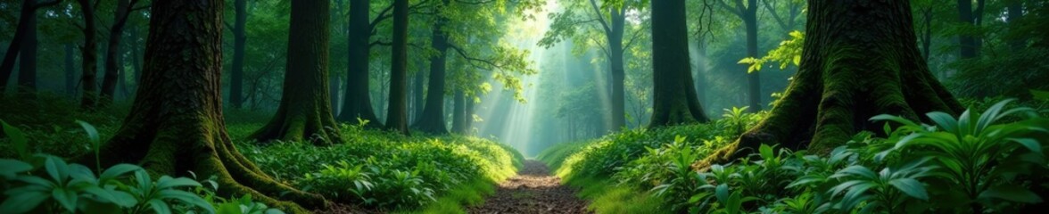 Obraz premium Veiled forest floor amidst towering trees and ferns, vegetation, forest