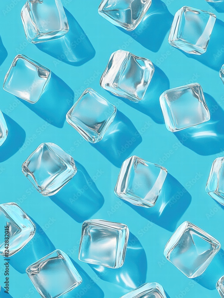 Poster clear ice cubes scattered on a vibrant blue background creating a refreshing and cool atmosphere in 