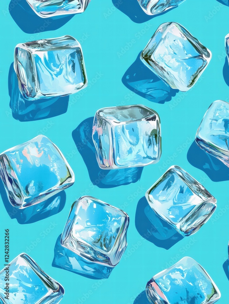 Poster clear ice cubes scattered on a vibrant blue background reflecting light in various angles. generativ