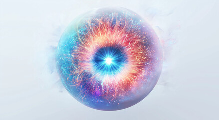 abstract transparent Glass Sphere with galaxy and space Black hole, glowing bubbles, Artificial intelligence, eye pupil, future technology energy, skincare cosmetic medical biology, 3d rendering