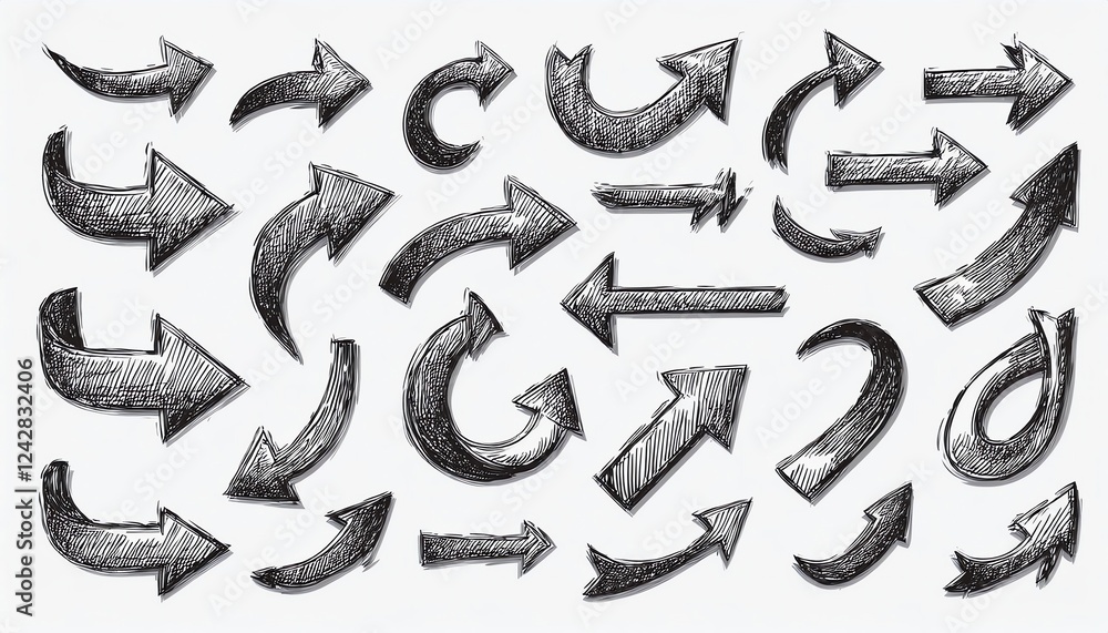 Poster a collection of hand-drawn arrows in various directions, showcasing different styles and curves, ide