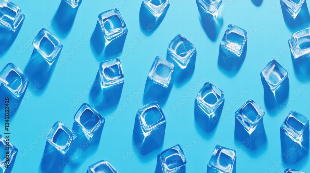 Aufkleber clear ice cubes arranged on a vibrant blue background create an appealing visual for summer drinks a
