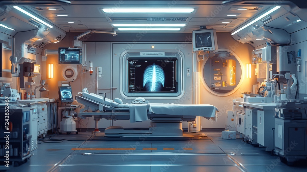 Aufkleber modern operating room showcasing a portable xray machine displaying detailed bone images with steril